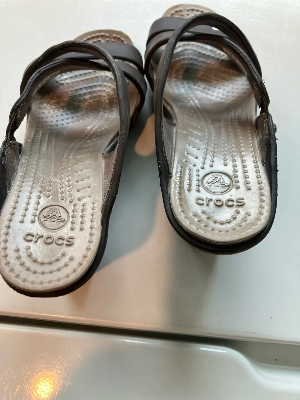 Crocs Cyprus IV Brown Strappy Sandals - size 5 rubber high heels